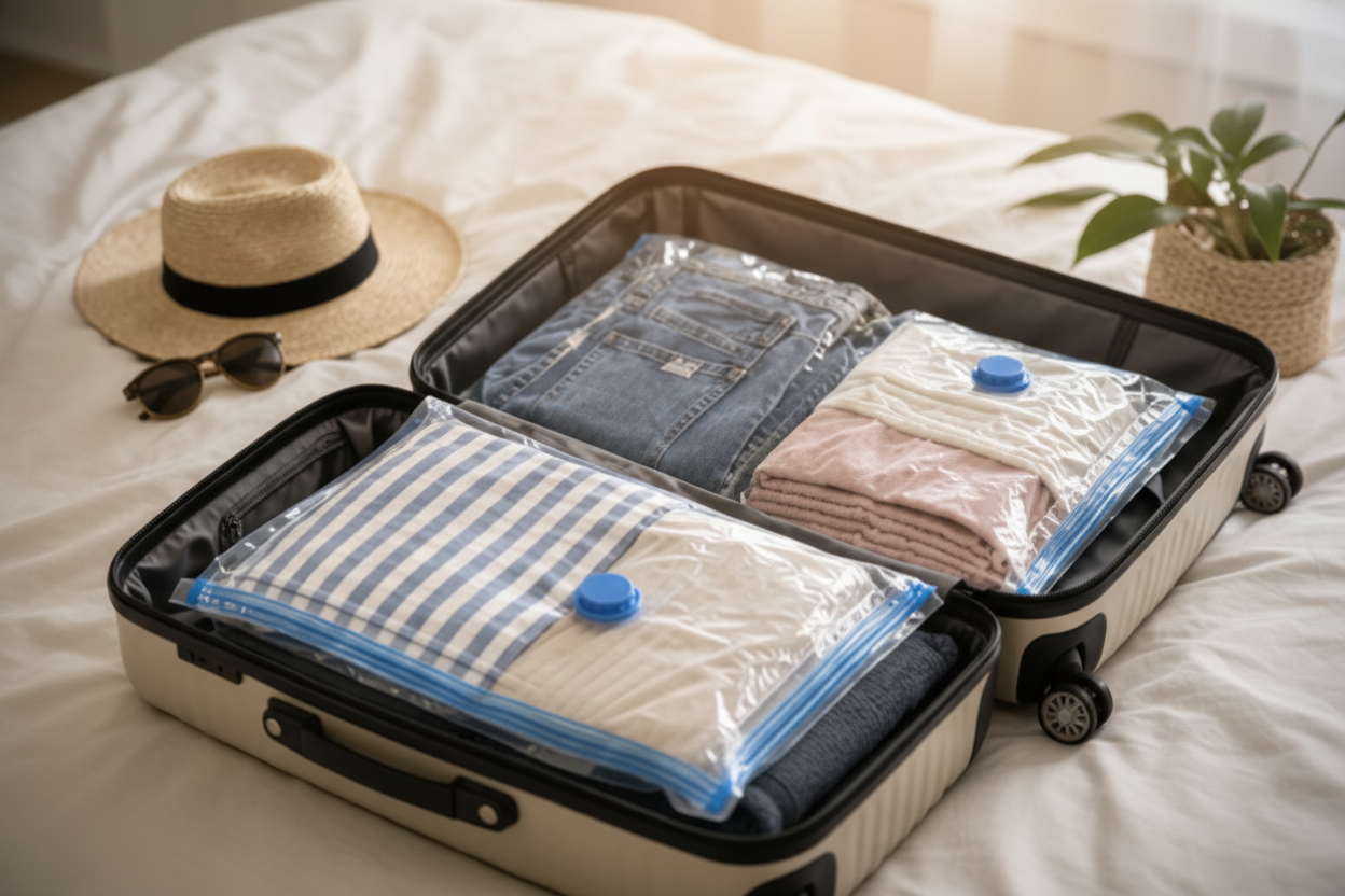 Vakantie koffer met vacuümzakken